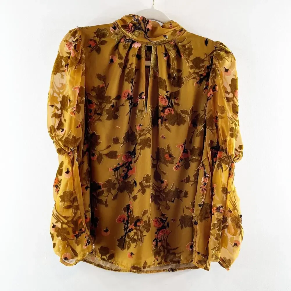 Floral Keyhole Mock Neck Blouse - Mustard - Picture 2 of 11